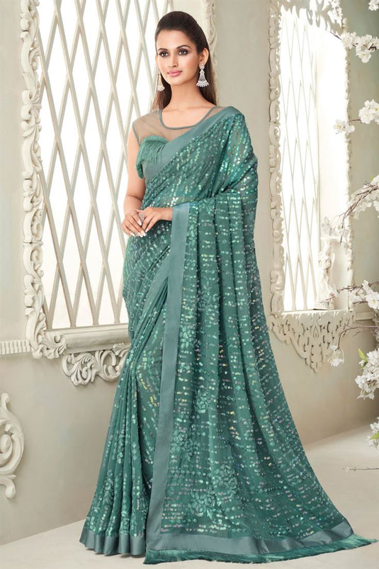 Green Color Georgette Fabric Party Style Adroit Sequins Work Saree