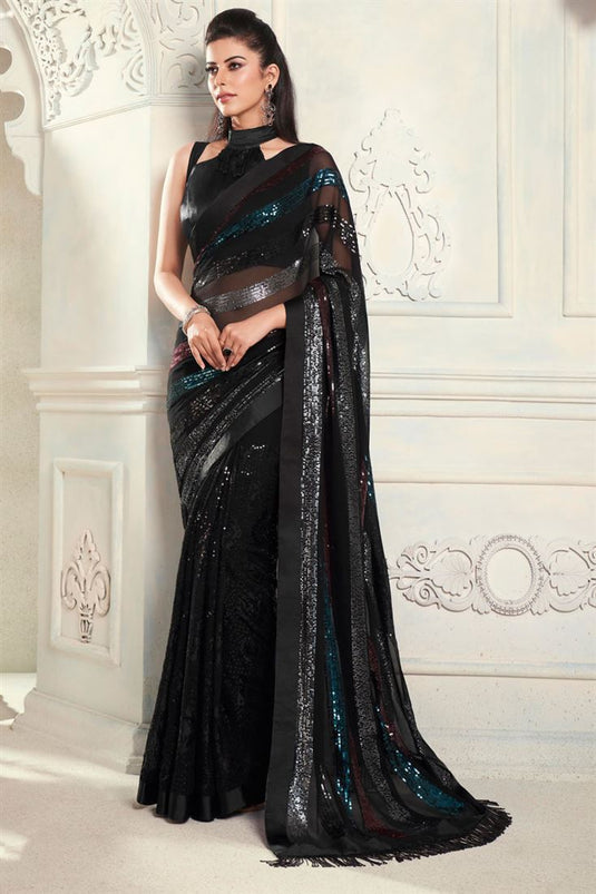 Georgette Fabric Party Style Black Color Tempting Sequins Work Saree