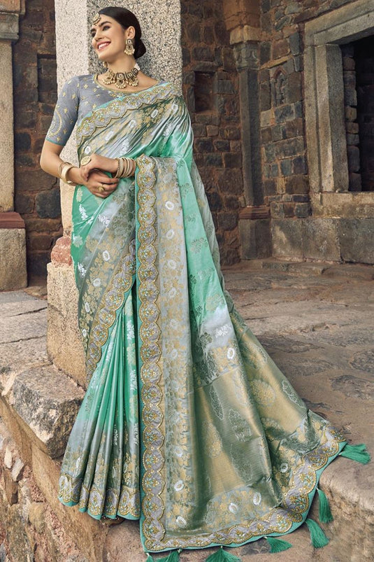 Silk Fabric Weaving Work Cyan Color Wedding Wear Fancy Saree