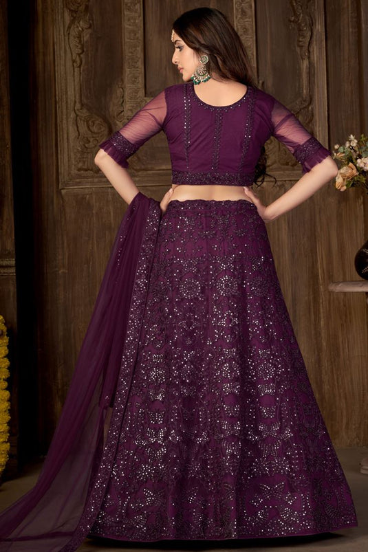 Purple Color Net Fabric Awesome Embroidered Work Lehenga