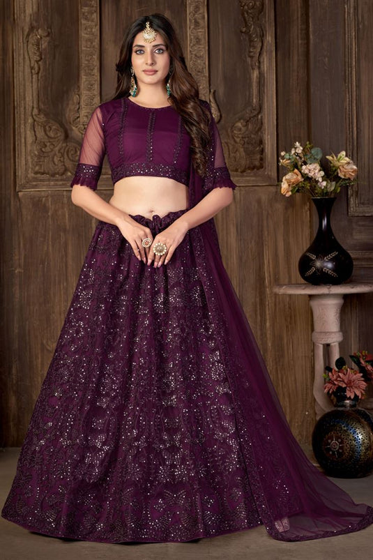 Purple Color Net Fabric Awesome Embroidered Work Lehenga