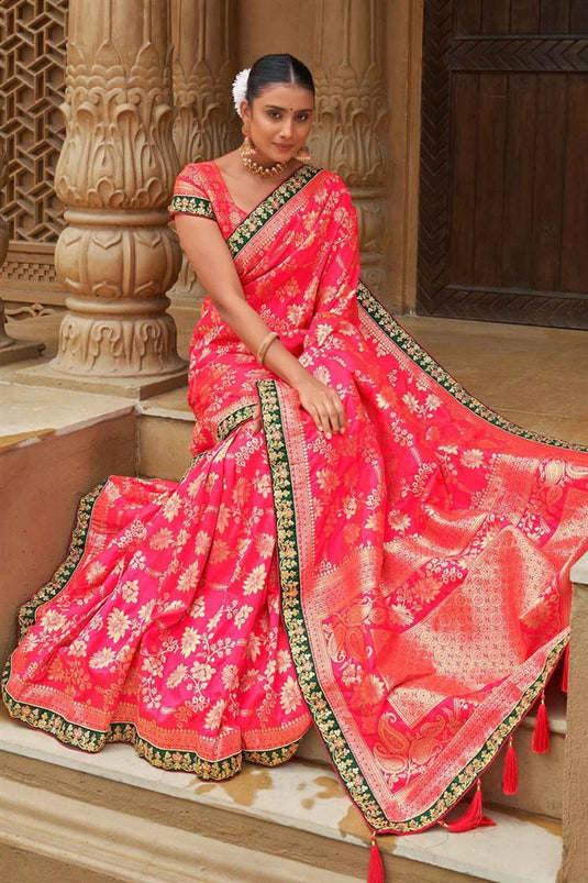 Banarasi Style silk Fabric On Pink Color Gorgeous Saree With Weaving Work