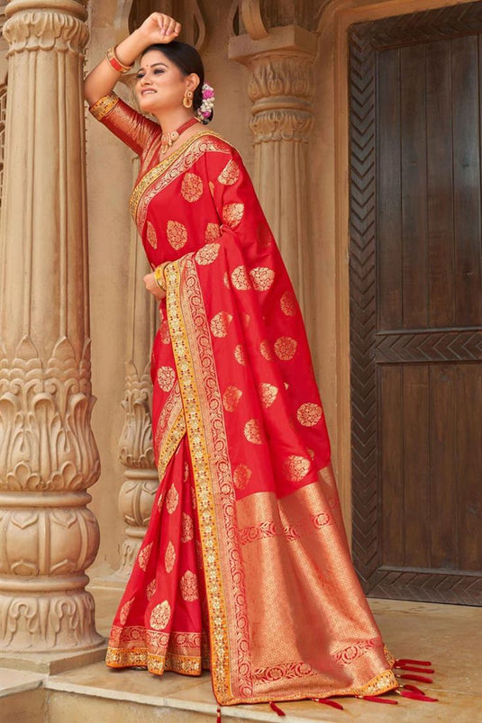Red Color Banarasi Style silk Fabric Pleasant Saree With Weaving Work