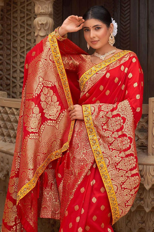 Blazing Red Color Banarasi Style silk Fabric Weaving Work Saree