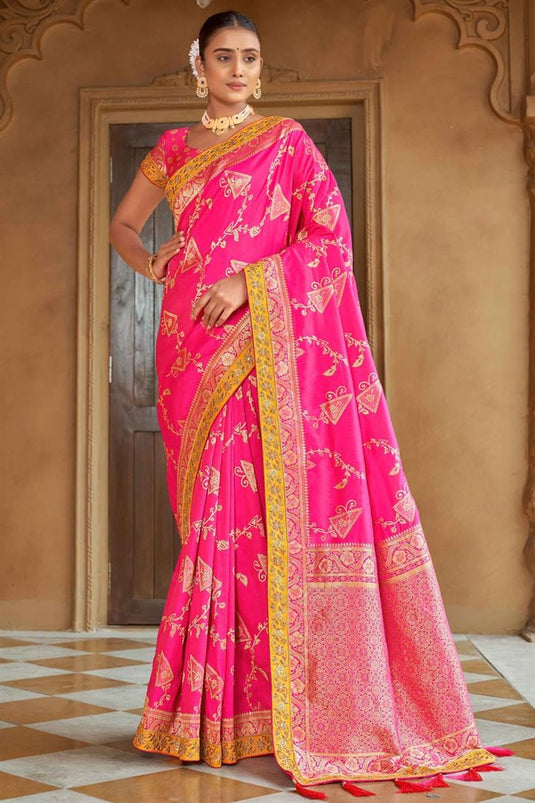 Banarasi Style silk Fabric Magenta Color Weaving Work Glamorous Saree