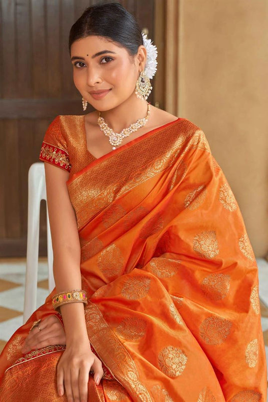 Sober Orange Color Banarasi Style silk Fabric Weaving Work Saree