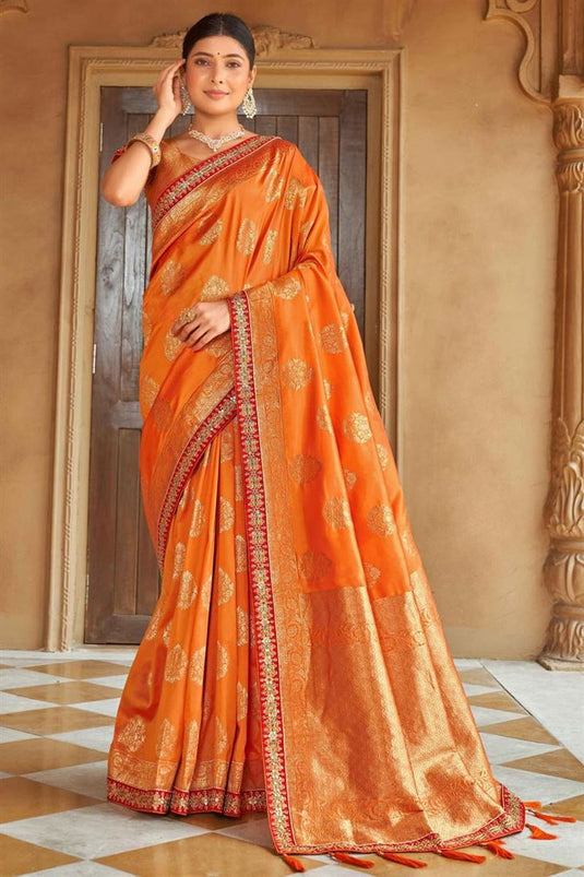 Sober Orange Color Banarasi Style silk Fabric Weaving Work Saree