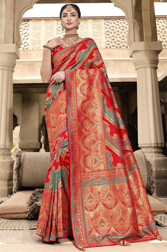 Red Color Vintage Weaving Work Function Wear Silk Saree