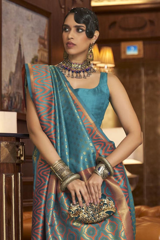 Cyan Color Weaving Work Art Silk Fabric Coveted Ikaat Style Saree