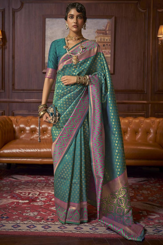 Appealing Weaving Work Art Silk Fabric Ikaat Style Saree In Green Color