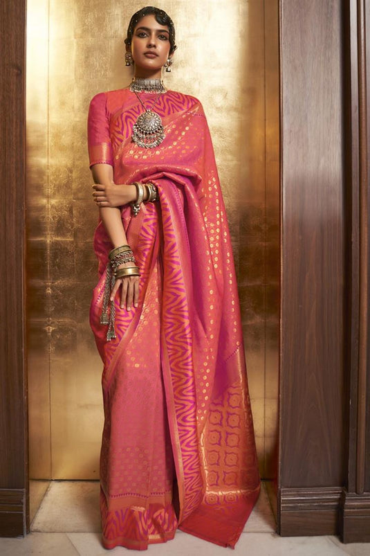 Peach Color Marvelous Weaving Work Art Silk Fabric Ikaat Style Saree