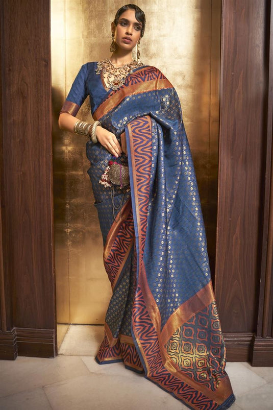 Blue Color Art Silk Fabric Ikaat Style Saree With Fascinating Weaving Work