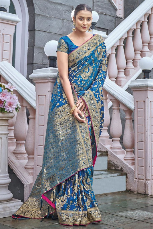 Trendy Weaving Work Banarasi Style Silk Saree Sky Blue Color