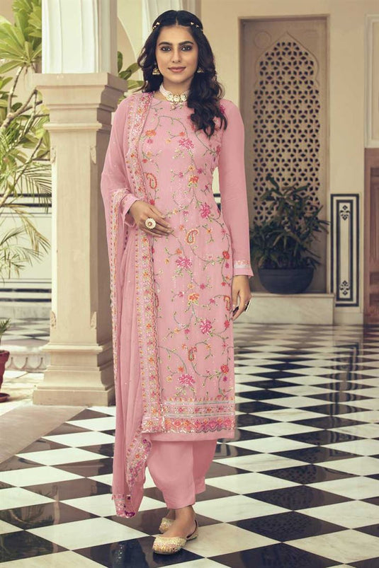 Pink Color Georgette Fabric Elegant Embroidered Salwar Suit