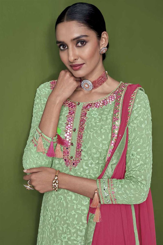 Function Wear Georgette Fabric Sea Green Color Enticing Palazzo Suit