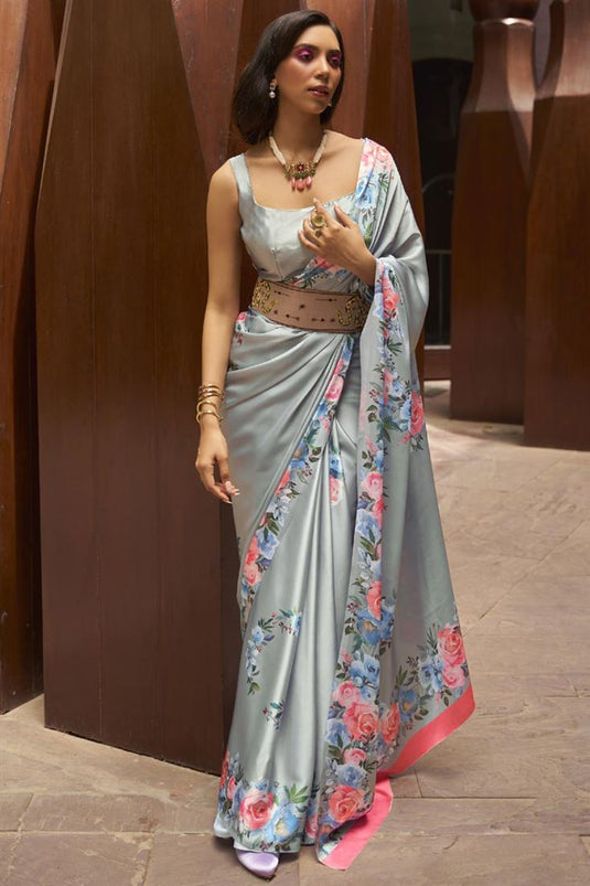 Beguiling Floral Printed On Grey Color Satin Fabric Saree