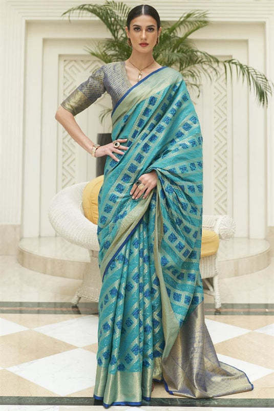 Cyan Color Ravishing Festive Wear Patola Silk Fabric Saree