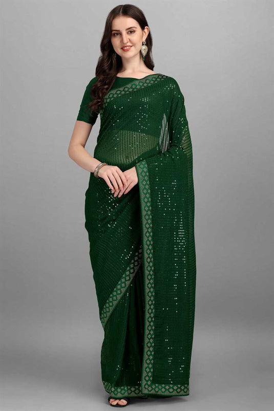 Sequins Work Green Color Adorning Saree In Georgette Fabric