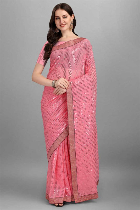 Georgette Fabric Pink Color Intricate Sequins Work Saree