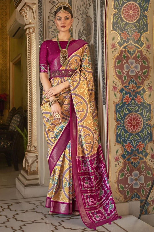 Mustard Color Gorgeous Art Silk Patola Printed Saree