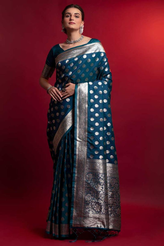 Art Silk Fabric Teal Color Elegant Festive Look Saree