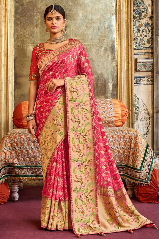 Excellent Art Silk Fabric Peach Color Saree In Wedding Wear
