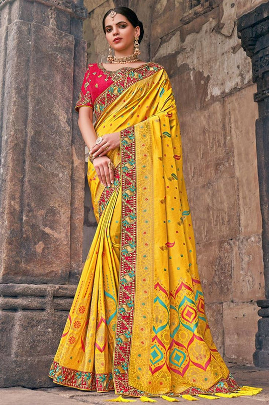 Appealing Sangeet Wear Art Silk Fabric Saree In Yellow Color