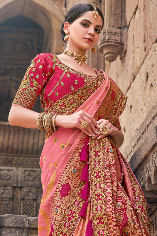Sangeet Wear Peach Color Aristocratic Art Silk Fabric Saree