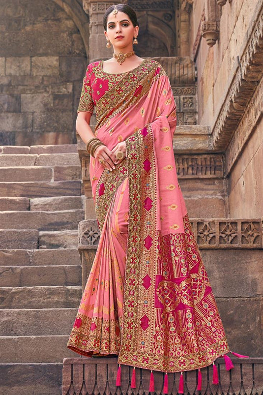 Sangeet Wear Peach Color Aristocratic Art Silk Fabric Saree