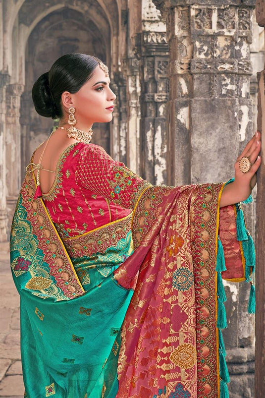 Sangeet Wear Alluring Art Silk Fabric Saree In Cyan Color