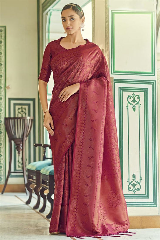 Art Silk Fabric Maroon Color Winsome Weaving Work Saree