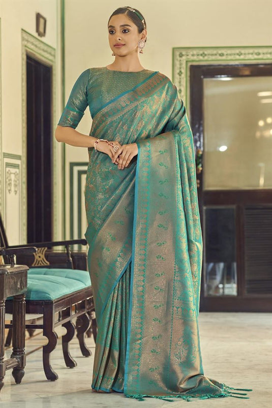 Art Silk Fabric Sea Green Color Incredible Weaving Work Saree