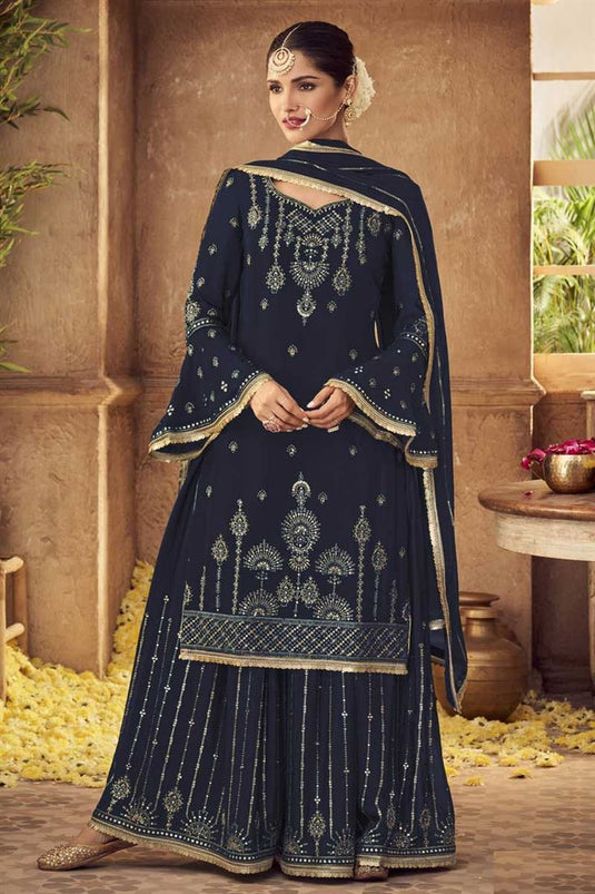 Vartika Singh Georgette Fabric Navy Blue Color Winsome Palazzo Suit