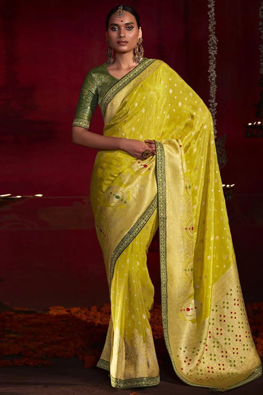 Art Silk Fabric Wonderful Yellow Color Weaving Work Saree