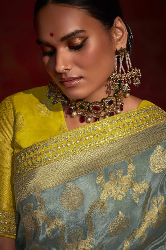 Art Silk Fabric Light Cyan Color Excellent Weaving Work Saree