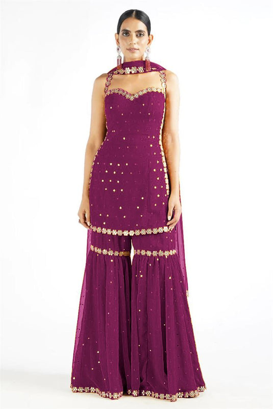 Festival Wear Embellished Purple Color Georgette Fabric Sharara Suit