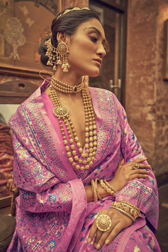 Printed Work Radiant Pink Color Kashmiri Silk Fabric Saree