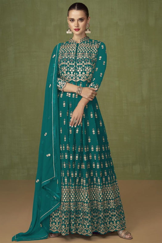 Georgette Fabric Sea Green Color Attractive Party Wear Palazzo Suit
