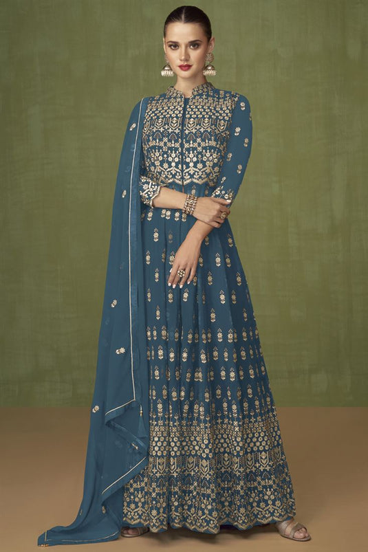 Georgette Fabric Sky Blue Color Glamorous Party Wear Palazzo Suit