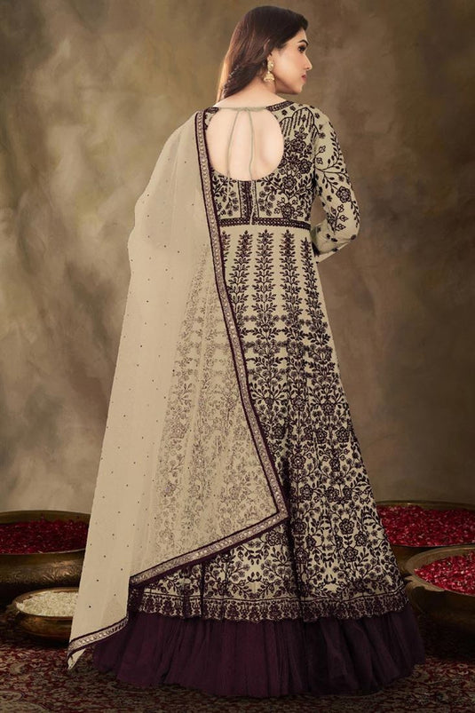 Net Fabric Beige Color Glittering Anarkali Suit In Sangeet Wear