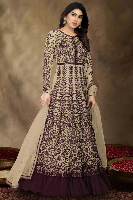 Net Fabric Beige Color Glittering Anarkali Suit In Sangeet Wear
