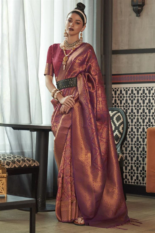 Exquisite Weaving Work Art Silk Fabric Saree In Maroon Color