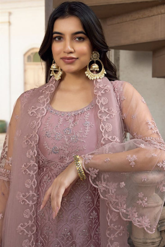 Net Fabric Pink Color Party Look Winsome Palazzo Suit