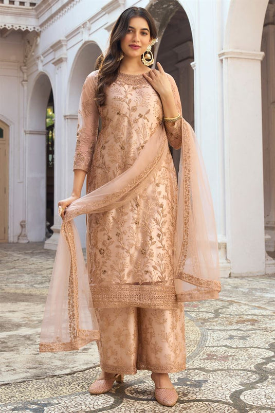 Peach Color Net Fabric Party Look Awesome Palazzo Suit