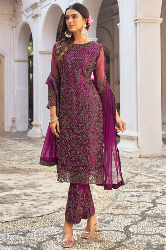 Net Fabric Party Look Beatific Salwar Suit In Purple Color