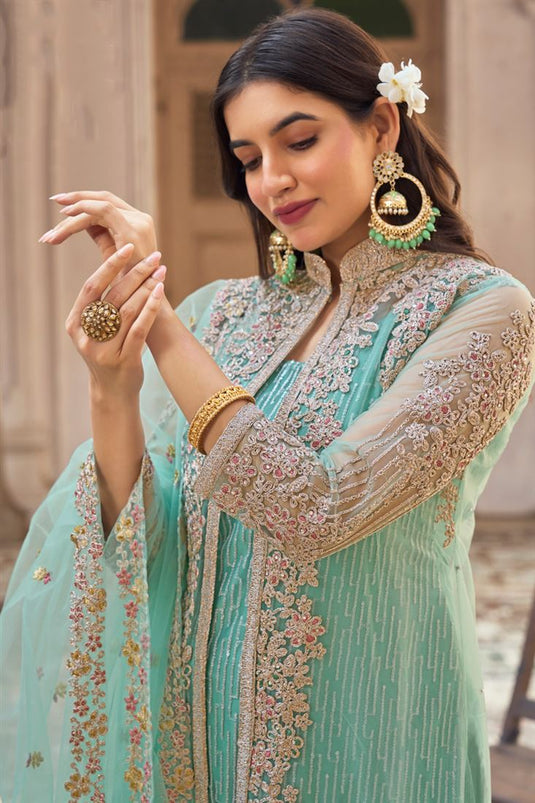 Party Look Sea Green Color Inventive Palazzo Suit In Net Fabric
