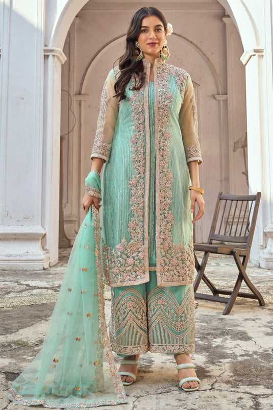 Party Look Sea Green Color Inventive Palazzo Suit In Net Fabric
