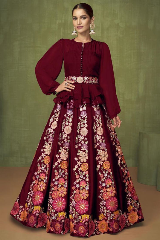 Vartika Singh Maroon Color Elegant Sangeet Wear Georgette Sharara Top Lehenga