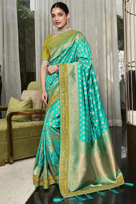 Cyan Color Engaging Wedding Wear Saree In Art Silk Fabric