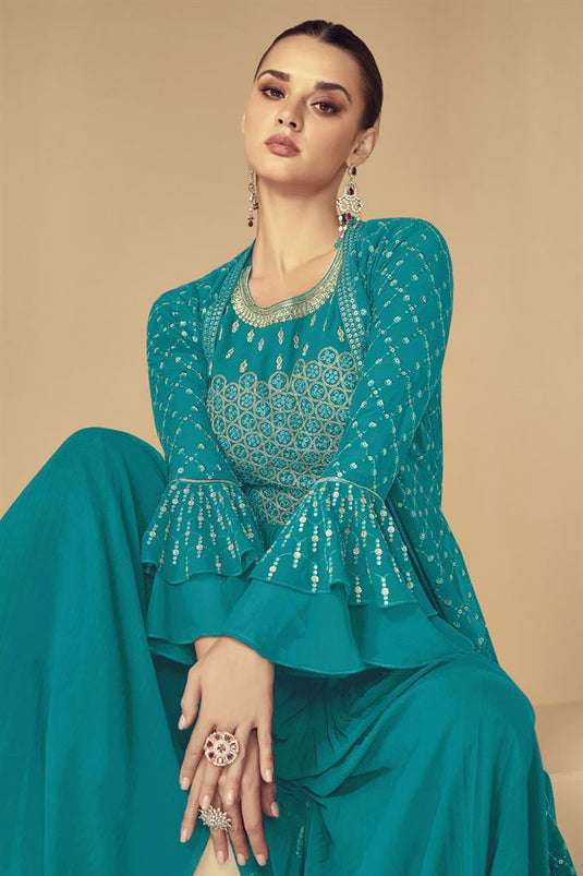 Eugeniya Belousova Alluring Georgette Fabric Cyan Color Palazzo Suit